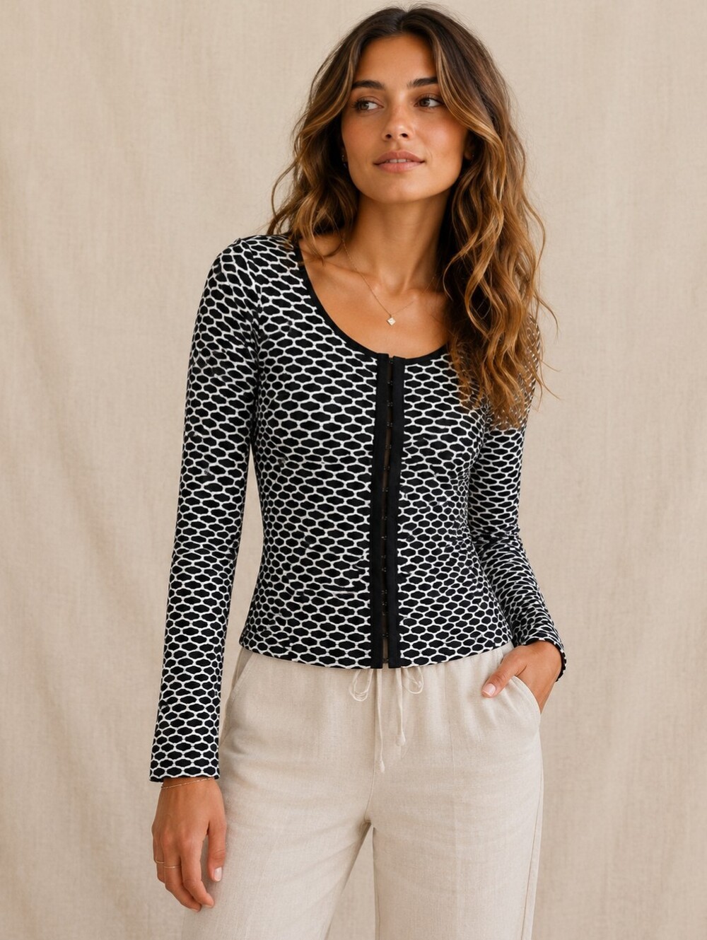 Joseph Ribkoff | Corset-Style Geometric Knit Top, Ptp 18" Stretches To 22"